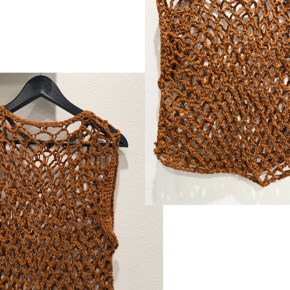 Brown Open Knit Mesh Handmade Sweater Vest Layer M - Picture 3 of 5